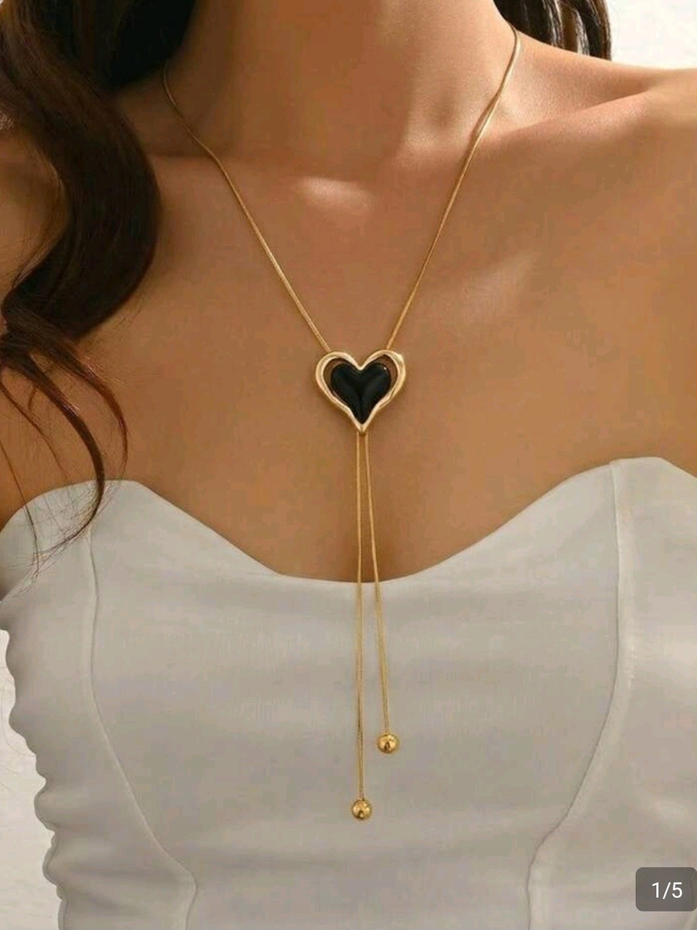 Fashion Jewelry Gold Lariat Necklace with Black Heart Pendant